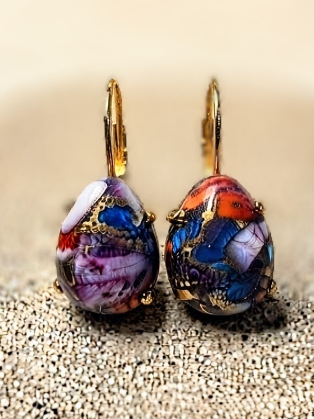 Genuine Spiny Oyster Turquoise Dahlia W/ Copper In Gold Plated Drop Earrings